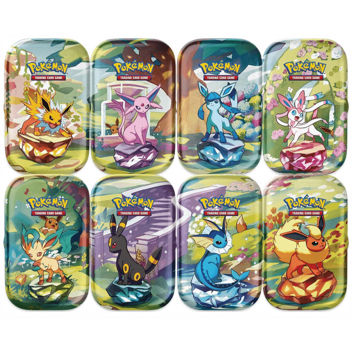 Eight rectangular MINI LATA PRISMATIC EVOLUTIONS tins are arranged in two rows, each showcasing a different Eevee evolution above a vibrant gem.