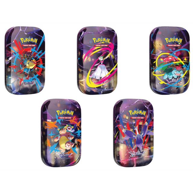The MINI LATA MEGAEVOLUCION features five collectible Pokémon-themed tins with vivid abstract patterns inspired by Pokémon TCG sets. Each rectangular tin has rounded edges and displays the Pokémon logo at the top.