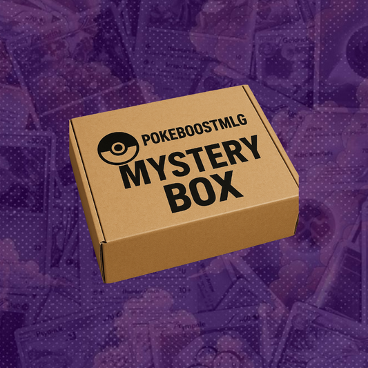A brown cardboard box labeled MYSTERY BOX POKEBOOSTMLG rests on a purple background with faint, blurred images of ultra rare Pokémon cards from official products.