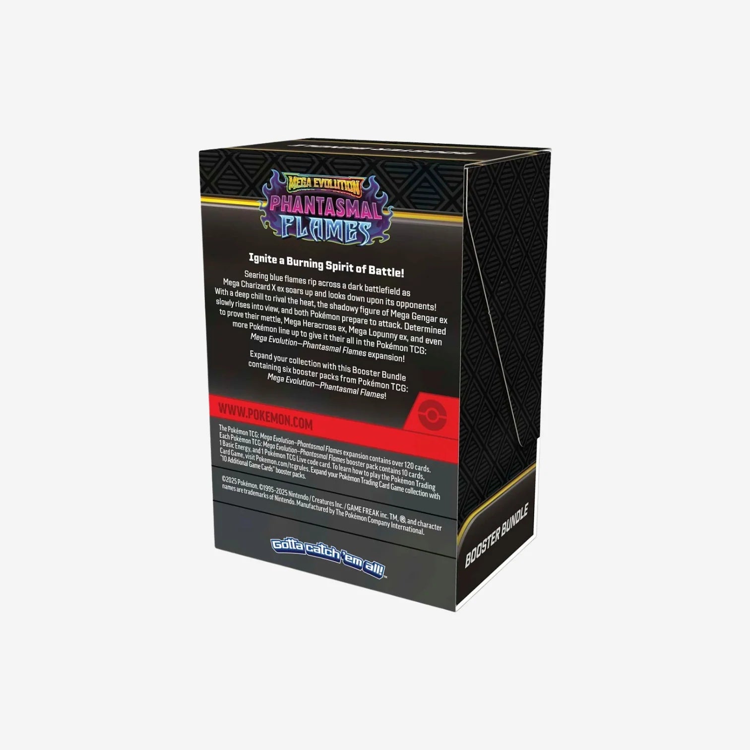 The MEGAEVOLUTIONS-PHANTASMAL FLAMES BOOSTER BUNDLE (PREVENTA)🇬🇧 features bold black and gold packaging, with detailed set information and paquete de refuerzo text on the back.