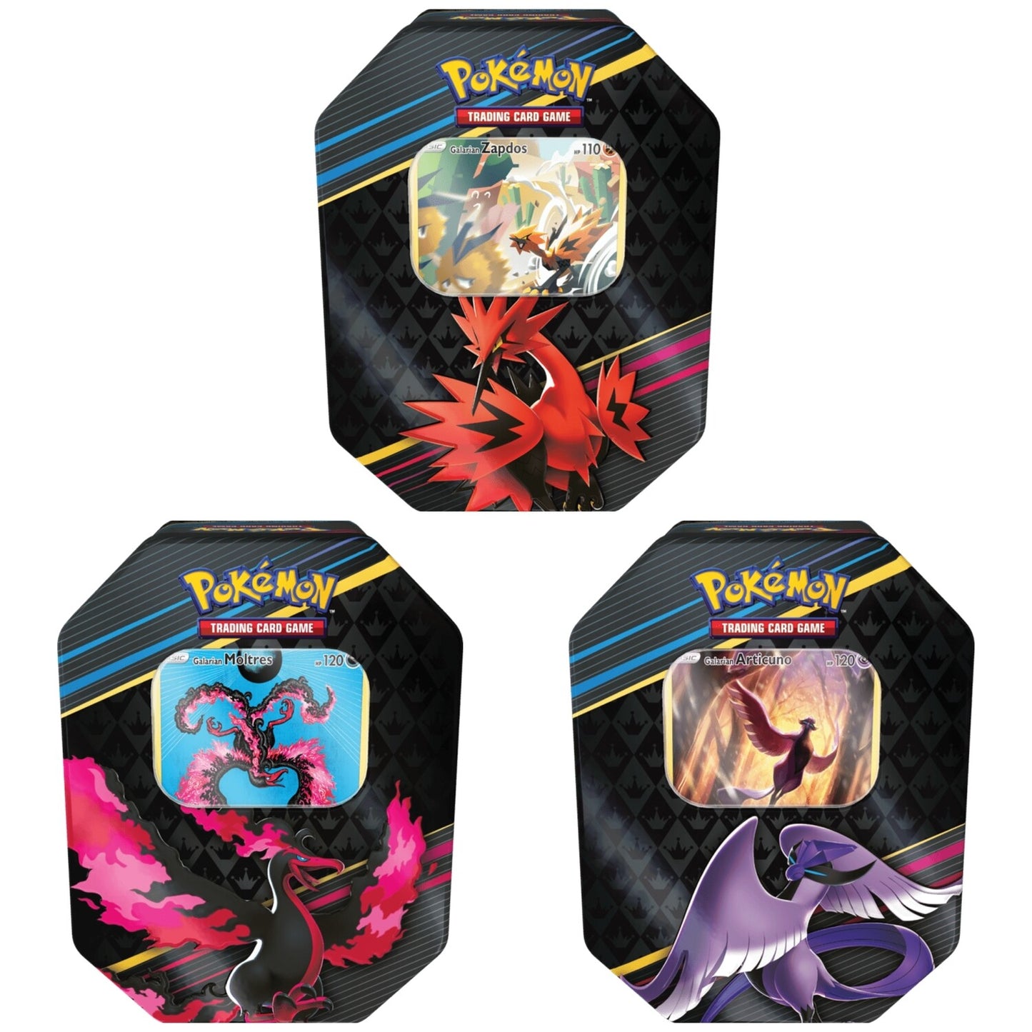Las LATAS ZENIT SUPREMO del Pokémon TCG presentan a Zapdos, Articuno y Moltres Galar en arte promocional único, con empaque negro, detalles coloridos y el logo de Pokémon. Incluyen sobres para ampliar tu colección.