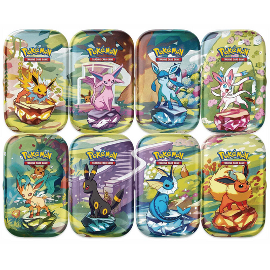 Eight rectangular MINI LATA PRISMATIC EVOLUTIONS tins are arranged in two rows, each showcasing a different Eevee evolution above a vibrant gem.