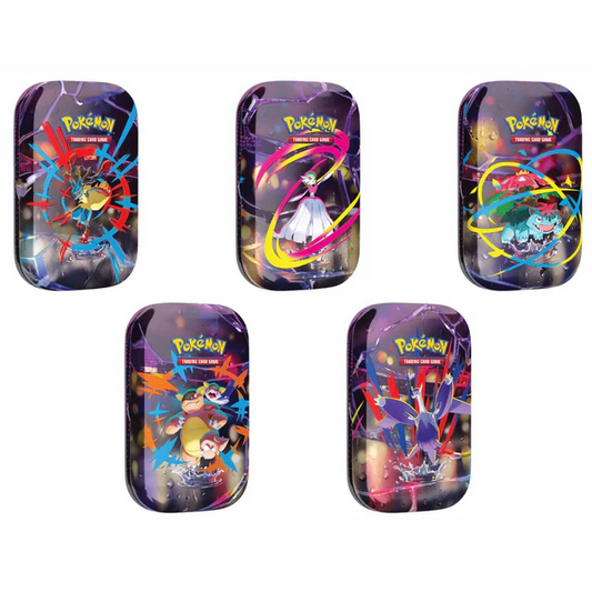 The MINI LATA MEGAEVOLUCION features five collectible Pokémon-themed tins with vivid abstract patterns inspired by Pokémon TCG sets. Each rectangular tin has rounded edges and displays the Pokémon logo at the top.