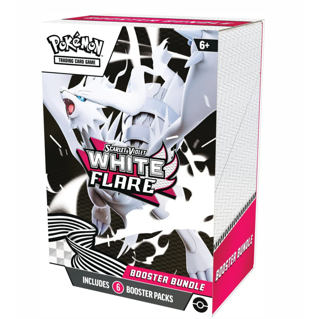 The BOOSTER BUNDLE LLAMA BLANCA features a white and gray Reshiram design. Suitable for ages 6+, this Caja de Bundle de Unova includes 6 exciting Pokémon TCG Scarlet & Violet White Flare booster packs.