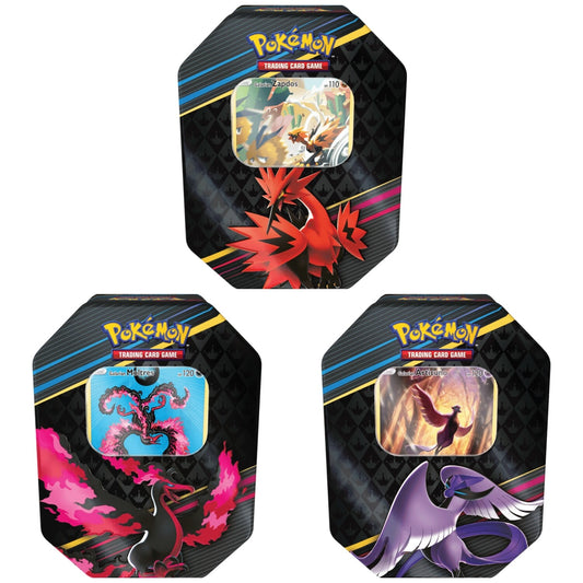 Las LATAS ZENIT SUPREMO del Pokémon TCG presentan a Zapdos, Articuno y Moltres Galar en arte promocional único, con empaque negro, detalles coloridos y el logo de Pokémon. Incluyen sobres para ampliar tu colección.